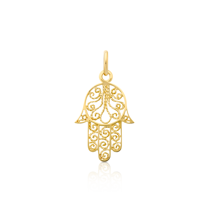 A lightweight 18K yellow gold pendant in the shape of a Hamsa hand. The pendant features intricate filigree work with swirling patterns and a central design that resembles a tree or floral motif. The Hamsa hand is a symbol often associated with protection and good fortune.